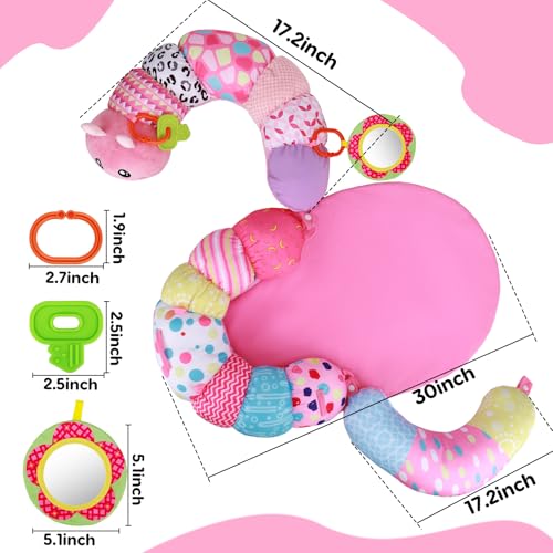 Image of 2 in 1 Baby Tummy Time Mat & Support Seated Pillow Infant Newborn Toys 0 1 2 3 4 5 6 Months Pink Caterpillar Sensory Developmental Playmat 0-6 3-6 12 Month Mirror Babies Girls Shower Gifts Essentials