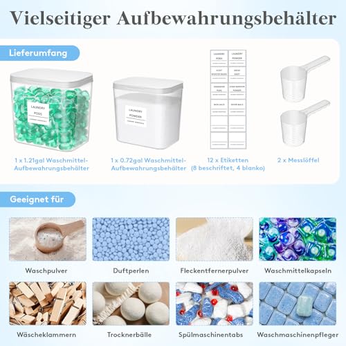 Lifewit 2700 +4500 ml/0.72+1.2gal Waschmittel Aufbewahrung für Wäsche Pods mit Druckverschluss, Waschpulver Aufbewahrungsbox mit Etikette und Löffel, Waschmittelbox für Pulver Duft-Booster, 2 Stück