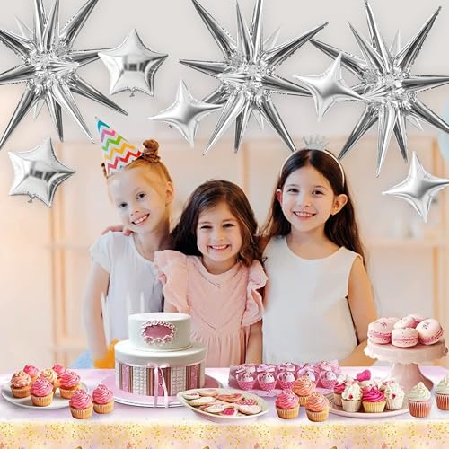 Image of TONIFUL 22Inch 15Pcs Silver Large Explosion Star Mylar Balloons and 10Inch Four Pointed Star Balloons Set for Christmas New Year Birthday Wedding Bridal Shower Anniversary Photo Booth Supplies