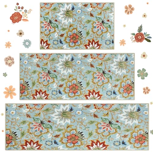 Homcomoda Boho Floral Kitchen Rugs Sets 3 Piece with Runner Kitchen Mats for Floor Non Slip Kitchen Rugs and Mats Washable Kitchen Runner Rug Sets for Hallway Laundry Kitchen