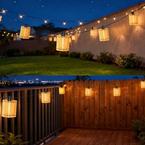 Decorative Solar String Lights Outdoor Rattan Lamps, 20.5FT 10 LED G40 Bulb Waterproof Hanging Lantern for Patio, Yard, Deck, Garden - Indoor/Outdoor Use