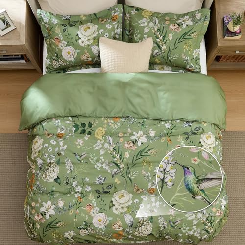 Image of Bedsure Duvet Cover Queen Size - Reversible Green Floral&Bird Duvet Cover Set with Zipper Closure, 3 Pieces Mistletoe Bedding Set with 8 Corner Ties and 2 Pillow Shams 20 inchx26 inch