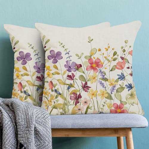 Image of AEIOAE Spring Pillow Covers 20x20 Inch Set of 2, Colorful Wild Flower Leaves Plant Throw Pillows Case,Seasonal Floral Outdoor Decorative Farmhouse Decor Cushion Covers for Home Sofa Bed Couch