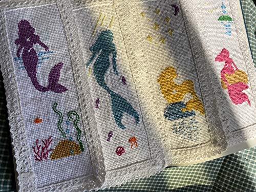 4 Pieces Of Mermaid Book Marker Cross Stitch Kits Egyptian Cotton, 100% Cotton 14Ct Aida With Cotton Lace Edge Cross Stitch Diy Book Markers Mermaid Cross Stitch Bookmarker #TOP4