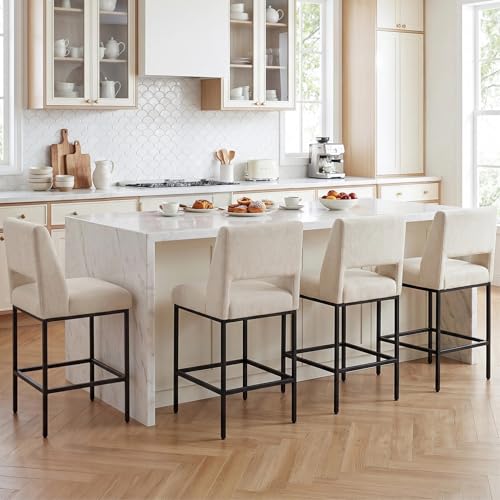 Image of Zesthouse Upholstered Counter Height Stools Set of 2, Linen Fabric Bar Stools with Backs, 26 inch Modern Counter Height Chairs for Kitchen Island, Luxury Metal Barstools with Extra Thick Cushion, Beige