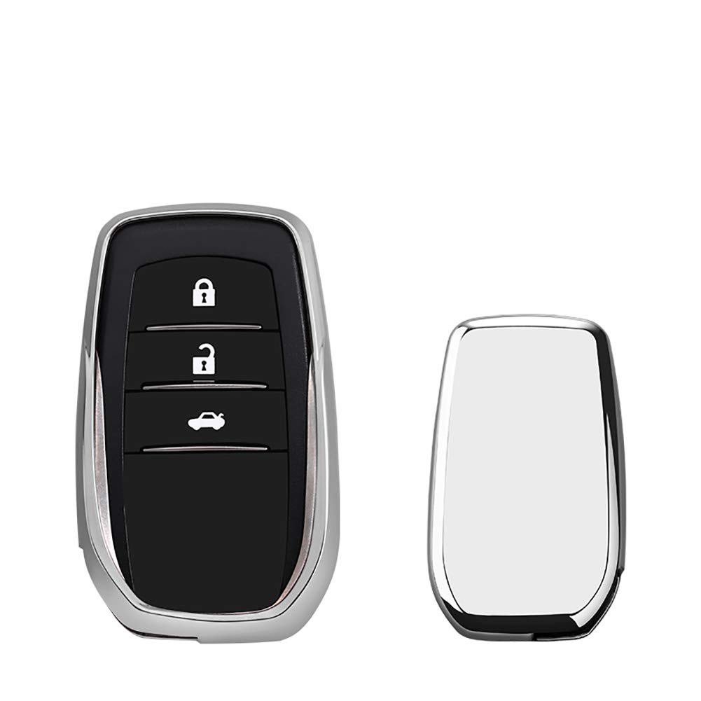 GEERUI Compatible with Toyota Key Fob Cover, Soft TPU Key Fob Case Protector Holder for Toyota Camry Highlander Rav4 Avalon Corolla Crown Land Cruiser Prado etc Smart Keyless Entry (Silver)