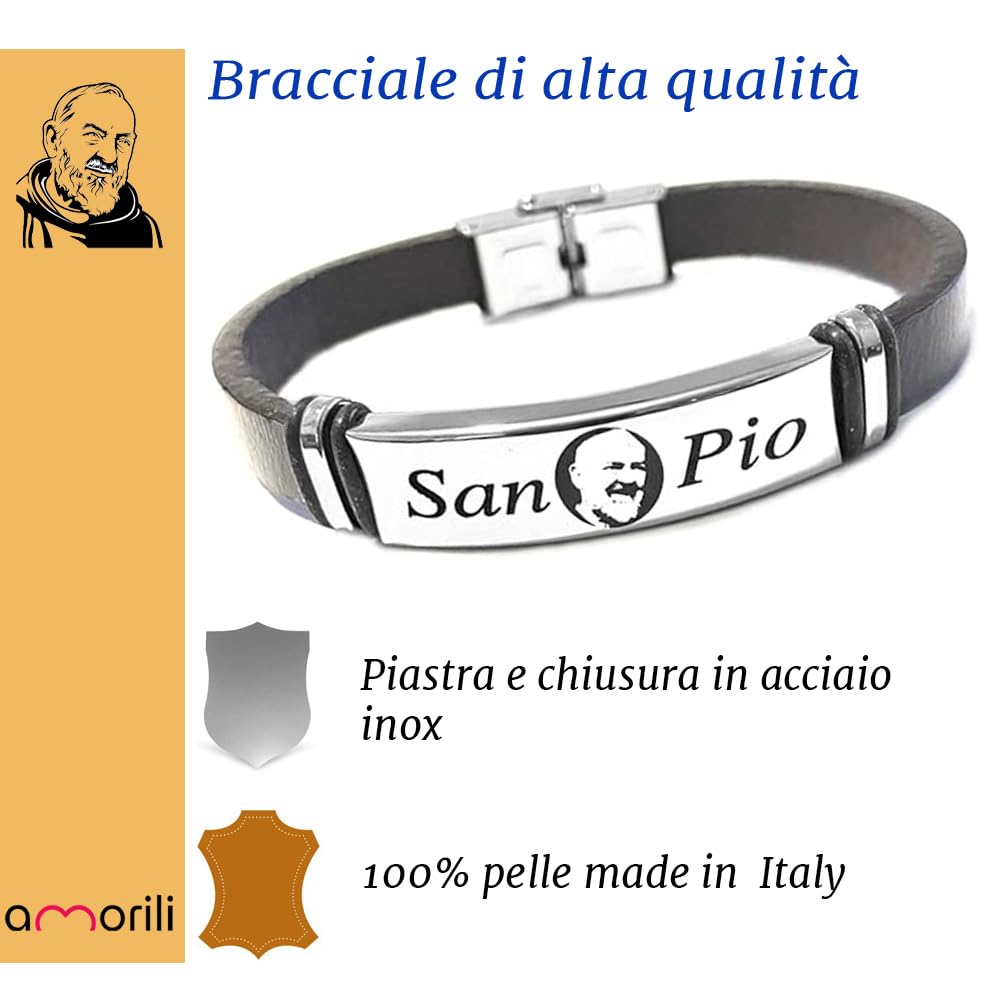Bracciale San Padre Pio in Pelle e Acciaio Inox | Gioiello Religioso di Fede e Protezione | Braccialetto Uomo Donna Elegante e Resistente | Idea Regalo Spirituale bcc0323