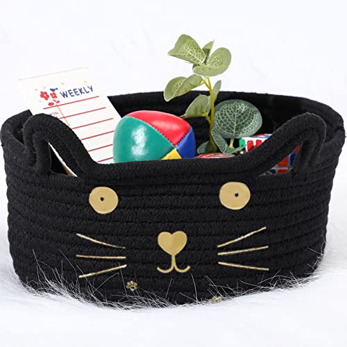 Baumwollseil Korb mit Katze Ohren Klein Geflochten Aufbewahrungskorb Dekorative Haustier Spielzeug Korb Baumwollseil Wäschekorb für Kinder Zimmer 8,3 Zoll L x 4,7 Zoll H (Schwarz) Cover