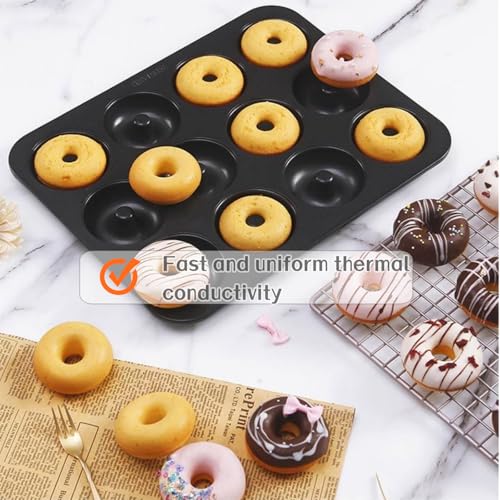 YQLDAHU 12-Cavity Nonstick Donut Pan - Mini Carbon Steel Doughnut Baking Mold for Donuts, Bagels, Muffins, Cookies & Biscuits - Easy Release Cake Bakeware Kit, Perfect for Homemade Treats