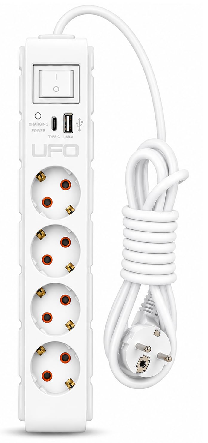 UFO Yeni 4lü Akım Korumalı Grup Priz 5 Metre Bakır Kablolu, 5V 2,4A USB ve Type-C ile Şarj, Anahtarlı Topraklı Priz, Sürekli Koruma, 16A 250V, Max 3500W Aşırı Yük Koruması, 5m. Beyaz renk