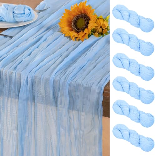 DeZerlor Baby Blue Cheesecloth Table Runner 6 Pack Fall Table Runners Boho Gauze 120 Inches Light Blue Cheese Cloth Fall Table Decorations for Thanksgiving Wedding Bridal Baby Boy Shower Party