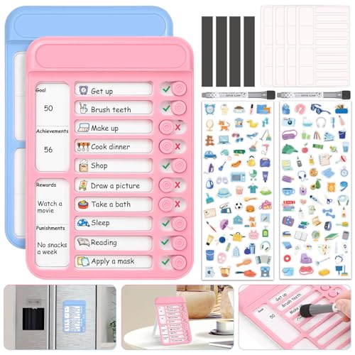 Image of Audab 2Pcs Dry Erase Chore Chart for Kids, Magnetic Checklist Board, My Chores Slider Chart to Do List Board, Routine Chart Schedule Board Task Tracker for Home Refrigerator, Wall, Desk (Blue & Pink)