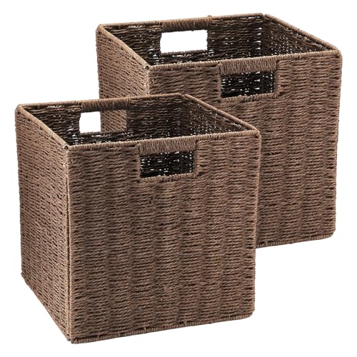 Image of Tsudoku Storage Cube Boxes Set of 2 for Closet, 30cm Storage Baskets for Shelves, Wicker Woven Polyrattan Material Closet Organizer, Anti-Mould, Easy to Clean (Brown)