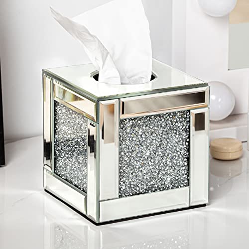SHYFOY Mirrored Tissue Box Cover Holder, Square Glass Facial Tissue Holder with Crushed Diamond Crystals, Luxury Facial Paper Organizer Dispenser for Bathroom, Vanity Countertop, Tabletop, Silver