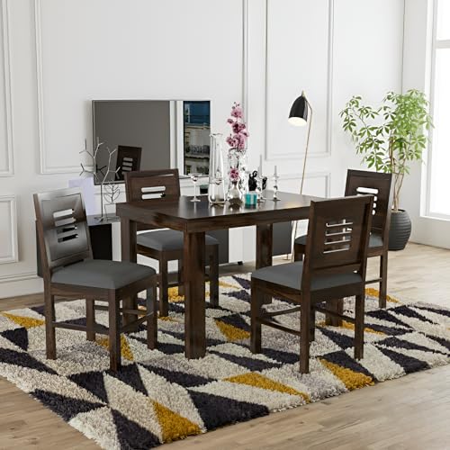 Image of Solid Sheesham Wood Four Seater Dining Set for Dining Room | Urban Design Dining Table Set for Home | Restaurant & Cafe | Finish Color - Walnut Finish |