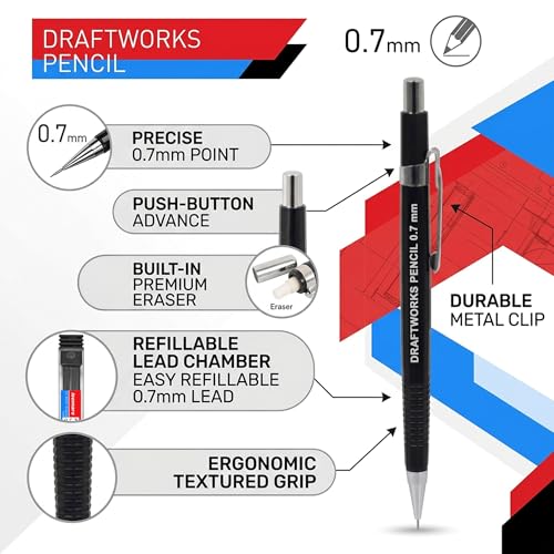 Image of Isomars Draftex Mechanical Pencil 0.7mm (2B) Black with 10 Extra Leads & Eraser | Drafting Pencil for Technical Drawing, Sketching, Engineering, Architecture & Writing