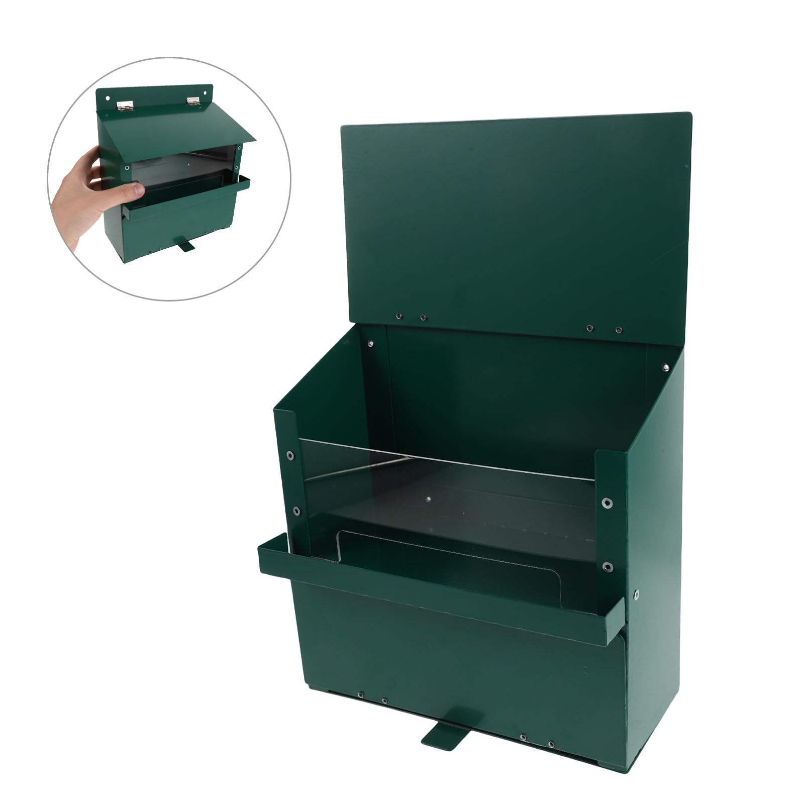 Großer Eichhörnchen Futterautomat aus Metall mit Einfacher Nachfüllung und Plattform Design für Garten und Baum Grün Wetterfest mit Gewichtsbasis und Schutzdach