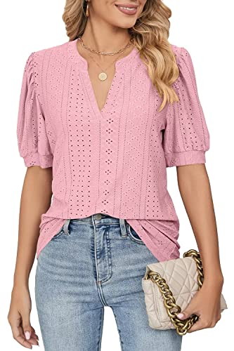 WELINCO Women's Casual Summer V-Neck T-Shirts Puff Short Sleeve Tops Tunic Blouses