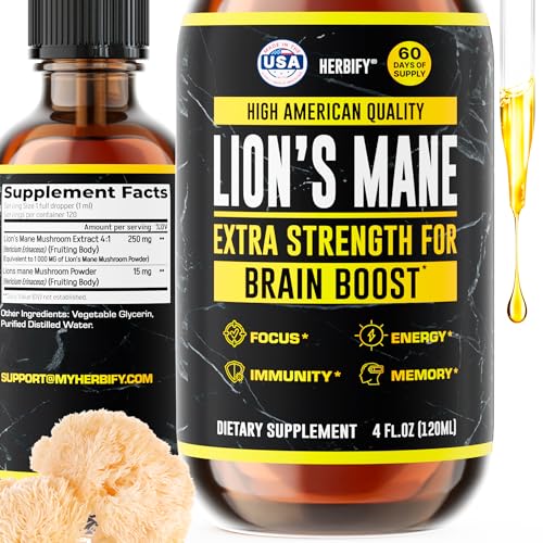 HERBIFY Lions Mane Supplement - Daily Mushroom Supplement for Memory, Focus & Clarity - Brain Booster - Lions Mane Tincture for Immune Support - 4 Fl oz