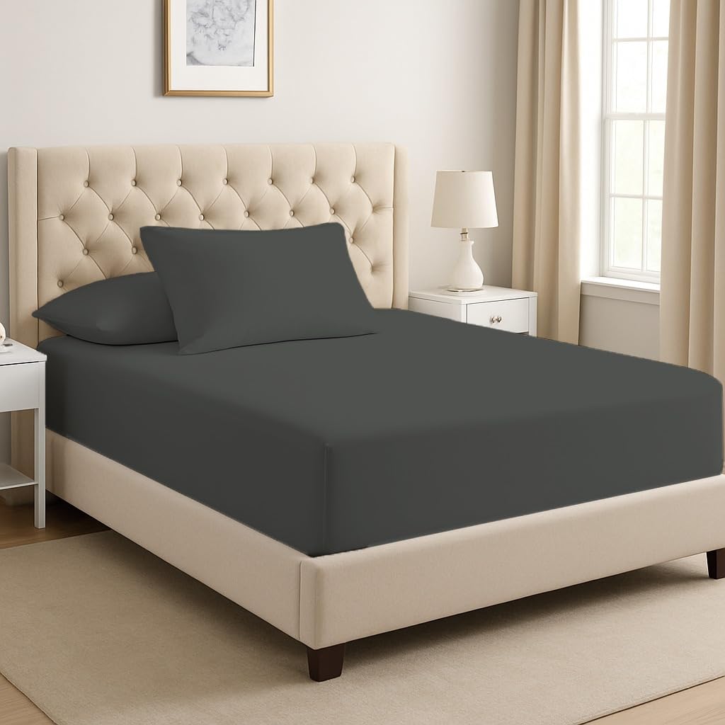 Dreema Charcoal Novexa Double Fitted Sheet - 400 Thread Count 100% Egyptian Cotton, 25Cm Deep Pocket - Soft, Breathable & Hotel Quality (Double )