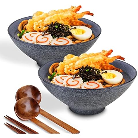 Artestia Ceramic Ramen Noodle Soup Bowl,2 Sets (6 Piece) 30 Ounce ramen bowl,soup bowls with handles,ramen bowls with Matching Spoon and Chopsticks for Udon Soup, Noodles, Rice, Salad Cover