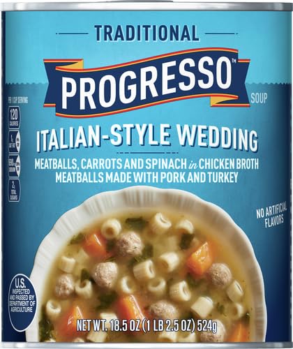 Image of Progresso Italian-Style Wedding Soup, Traditional Canned Soup, 18.5 oz | Pork & turkey meatballs, carrots & spinach in chicken broth, No artificial flavors or colors, Ready to serve