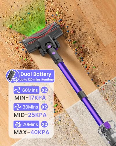 Image of Cordless Vacuum Cleaner, 120Mins Runtime with 2 Batteries, 500W 40KPa Vacuum Cleaners for Home, Green Light Anti-Tangle Brush & Wall Mount Charging, Lightweight for Pet Hair Carpet Hard Floors