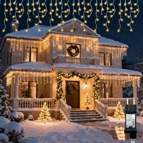Opard Eisregen Lichterkette Außen 10,8 m 300 LEDs Warmweiß, Eiszapfen Weihnachtsbeleuchtung Außen, Lichtervorhang Aussen, Balkon, Dachrinne, Outdoor...
