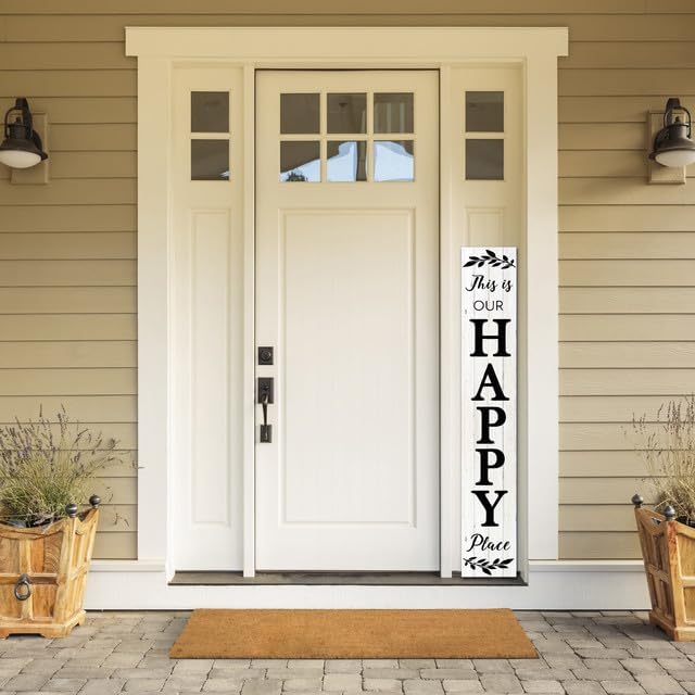 Miniatura 2 de Letrero de bienvenida de 8 x 63 pulgadas de alto para porche delantero, colgante grande de madera vertical con texto en inglés "This Is Our Happy