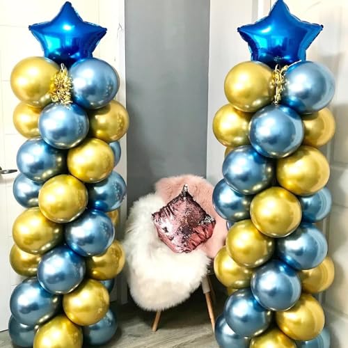Image of ARV ZONE Chrome Balloons, 50pcs Blue Gold Chrome Metallic Balloons for Birthday Decorations, Anniversary, Engagement, Wedding Decorations, Baby Shower, Festival Party Decorations