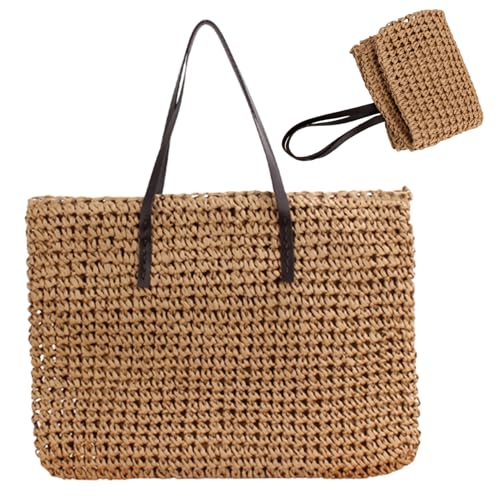 Sac de paille mode été : grand sac de plage tissé pour femmes avec fermeture éclair