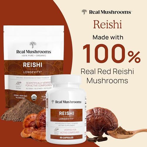 Real Mushrooms Reishi Mushroom Capsules - Handpicked Organic Mushroom Extracts - Red Reishi for Tranquil Daily Wellness with Verified Beta Glucans Vegan, Non-GMO, No Grain Fillers, 90 ct