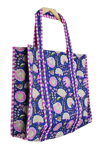 Image of Quilted Cotton Handprinted Reversible Large multicolor Floral Tote Bag,Hand Block Print Shopping Shoulder Carry Bag