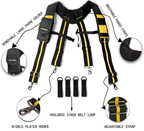 Image of MELOTOUGH Tool Belt Suspenders with Foam Pads Phone Holder Key Chain | Breathable Padded Foam, Ease Tool-Belt Strain, Yellow Color, Adjustable Strap, Ideal For Construction Work, Carpenters Rig
