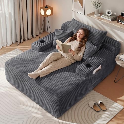 Yafylly 65 Boneless Chaise Lounge Oversized Corduroy Sleeper Bed with Cup Holders & Side Pockets No Assembly for Living Room Bedroom Reading Nook Lounge Grey