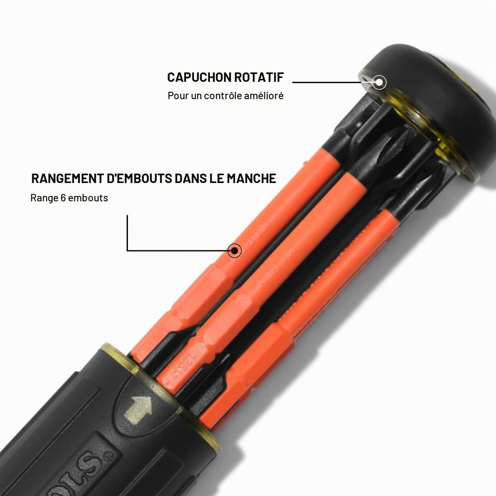 Klein Tools 32306INS Tournevis multi-embouts isolé 6 en 1, tournevis multi-embouts avec collier autobloquant, 1000 V, rangement d'embouts dans la poignée