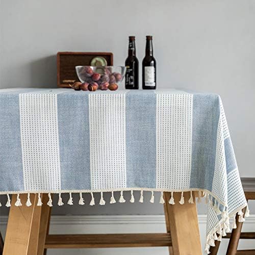 TruDelve Heavy Duty Cotton Linen Tablecloth for Rectangle Table Stitching Tassel Table Cloth for Dining Table Dust-Proof Table Cover for Tabletop Decoration (55"x70", Blue)