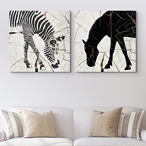 Wall26 Canvas Print Wall Art Set Zebra & Horse Silhouettes On Wood Grain Animals Wildlife Illustrations Minimalism Chic Relax/Calm Dark Duotone For Living Room, Bedroom, Office - 24"X24"X2 #TOP1