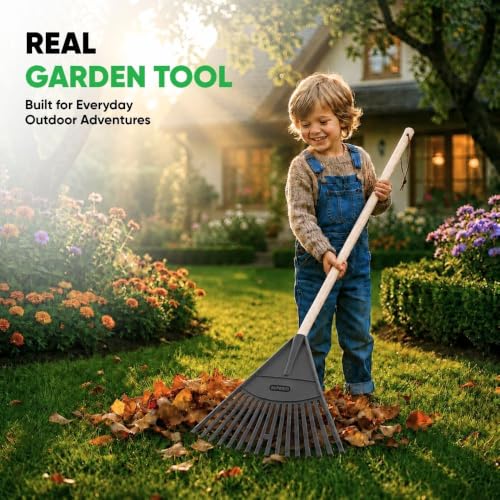 Image of Superio Kids Rake with Hardwood Handle, Durable Plastic Head to Sweep Leaves in Lawn and Tidying Up The Garden, 34 inch