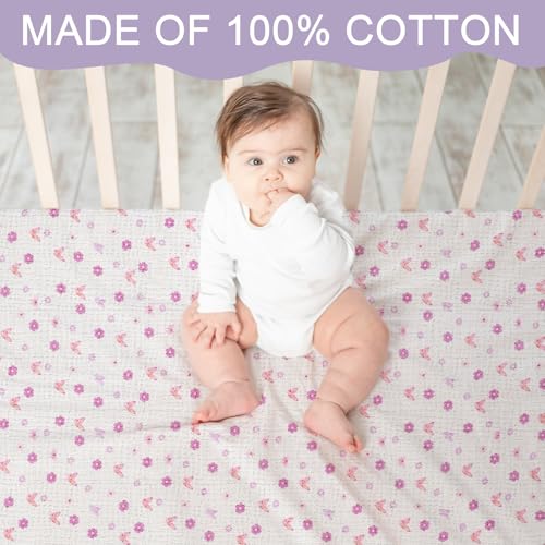 Image of Mindsoft 4 Pack Muslin Baby Crib Sheets Soft Breathable, Purple Butterfly