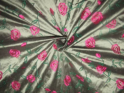 Dupion 100 % soie tissu broderie florale noire vert clair rose 137 cm