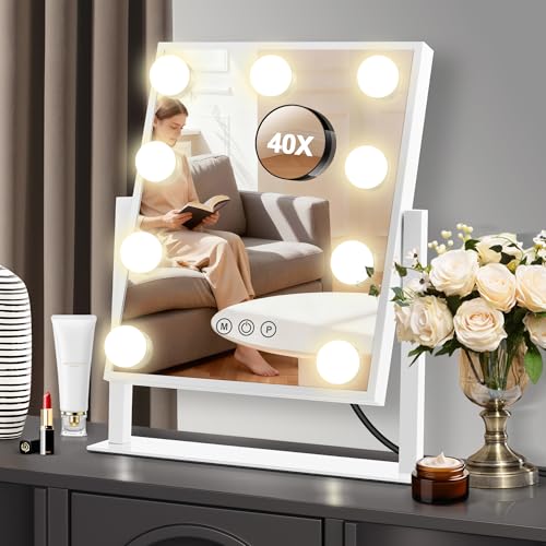 MOMOKUBA Hollywood Makeup Mirror with Light, Vanity Mirror with Lights and 9 LEDs, Dressing Table Mirror with 40x Magnifying Mirrors for Bedroom and Professional Makeup Room