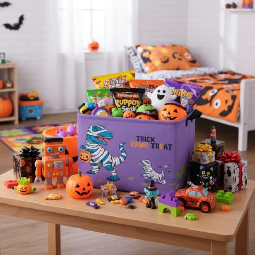 Image of Halloween Basket Gift Cute Pumpkin Ghost Parties Decor Kid Trick or Treat Basket for Boys and Girls Rectangular Storage Bin Box (Blue Dinosaur)