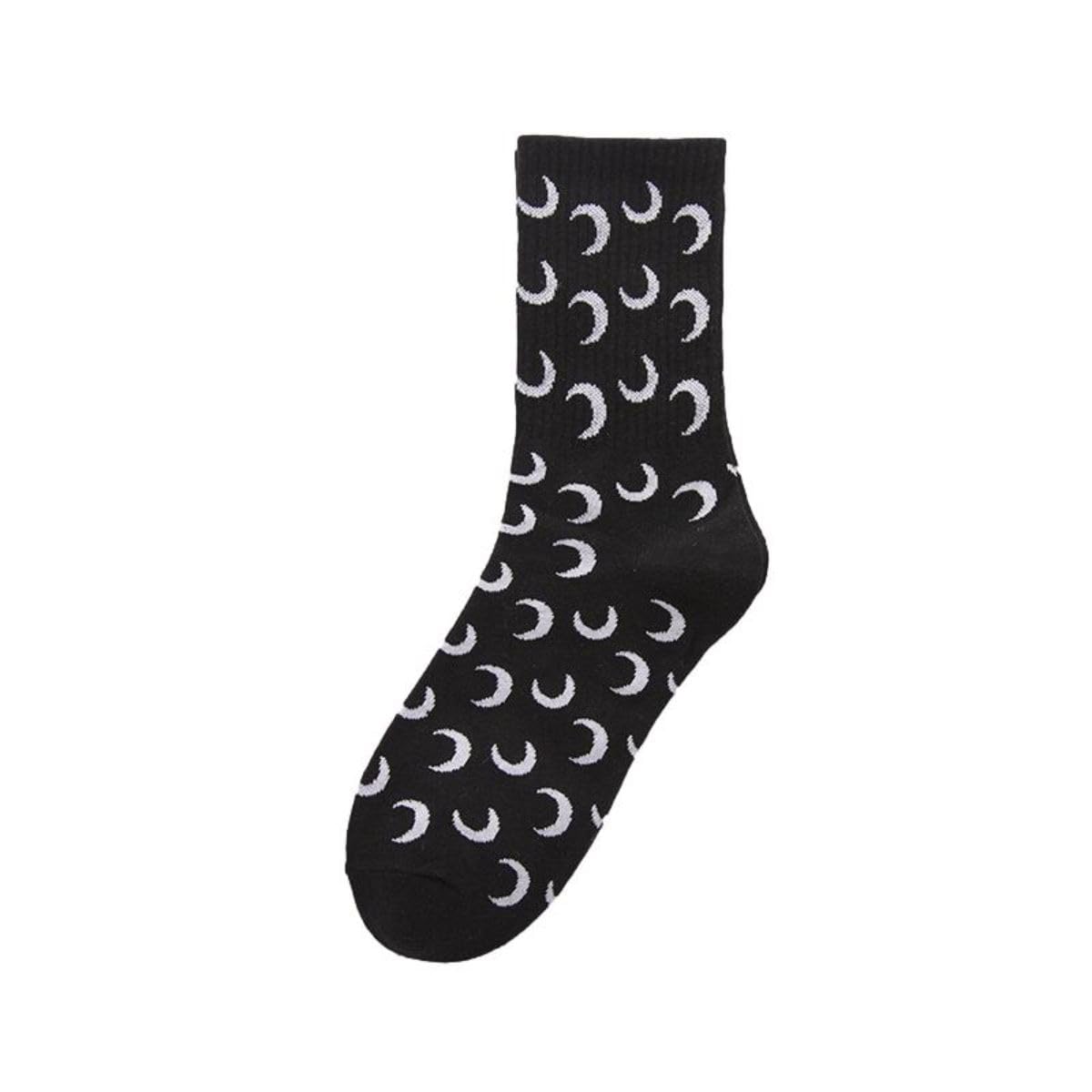 Ro Rox Moon Star Cat Socks Wicca Gothic Celestial Ribbed Cotton Stretch Unisex, Black Moon, One Size