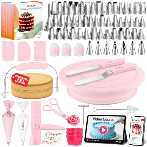 RFAQK 200PCs Cake Decorating Kit with Video Course for Beginners & Pros | Upgraded Cake Leveler, Cake Stand Turntable, Numbered Piping Tips with Piping Bags, Icing Spatulas & More Baking Supplies