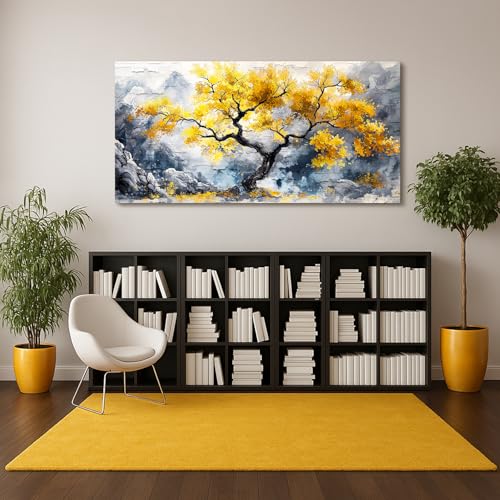 crmotu Gold Tree of Life Wall Art, Mountain Tree Extra Large Artwork, Modern Chinoiserie Landscape Paintings Prints, Neutral Wall Decorations for Living Room Bedroom Office Ready to Hang 30x60inch
