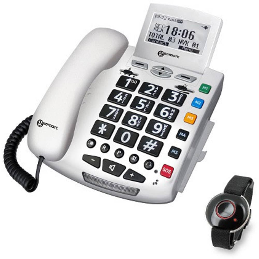 Geemarc Serenities - Verstärktes schnurgebundenes Telefon und wasserfestes SOS-Armband mit großen Tasten und starkem Klingelton für ältere Menschen - Geringer bis mittlerer Hörverlust - DE Version