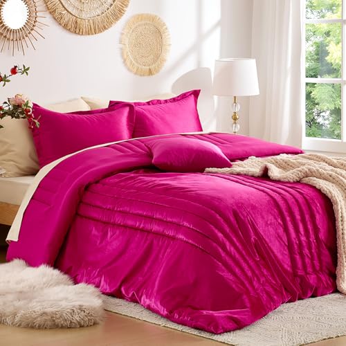 MUSSEL Hot Pink Queen Comforter Set 3 Pieces Luxury Lightweight Fluffy All Season Cozy Velvet Bedding Comforter Sets Neutral Striped Bedroom Comforter with 2 Shams