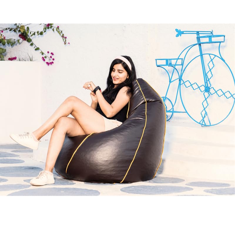 Image of King Comfort 3XL Faux Leather Pipping Bean Bag Cover with Foot Rest Without Beans with 1 Year Warranty | Lounge Chair Cover for Home, Office, Bedroom, Hall (Tear Drop Shape with Pipping) (Choclate)