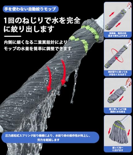 PackSmart フロアモップ モップ 拖把 自動絞り 360°回転 マイクロファイバー 乾湿両用 床拭き 高耐久 業務用 家庭用 壁掛け収納